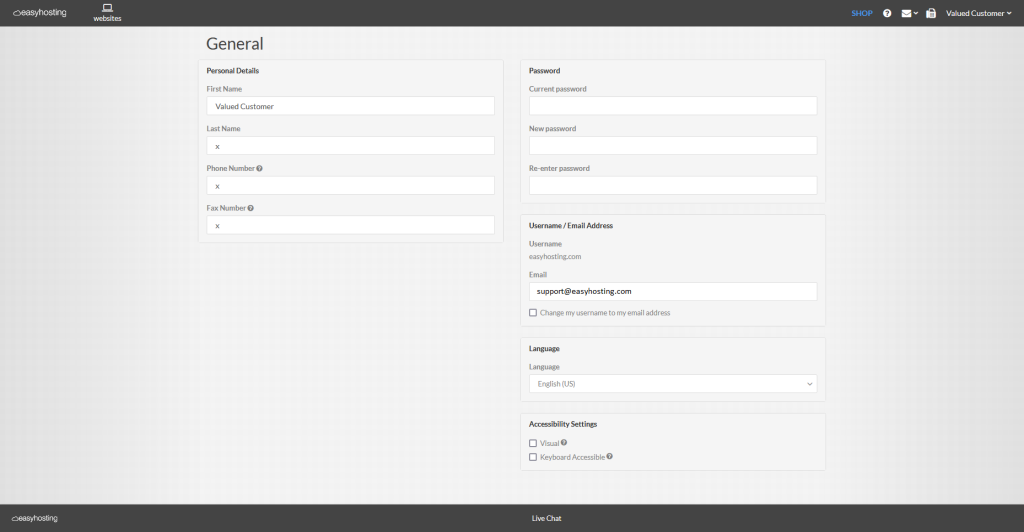 Easyhosting Portal General Settings